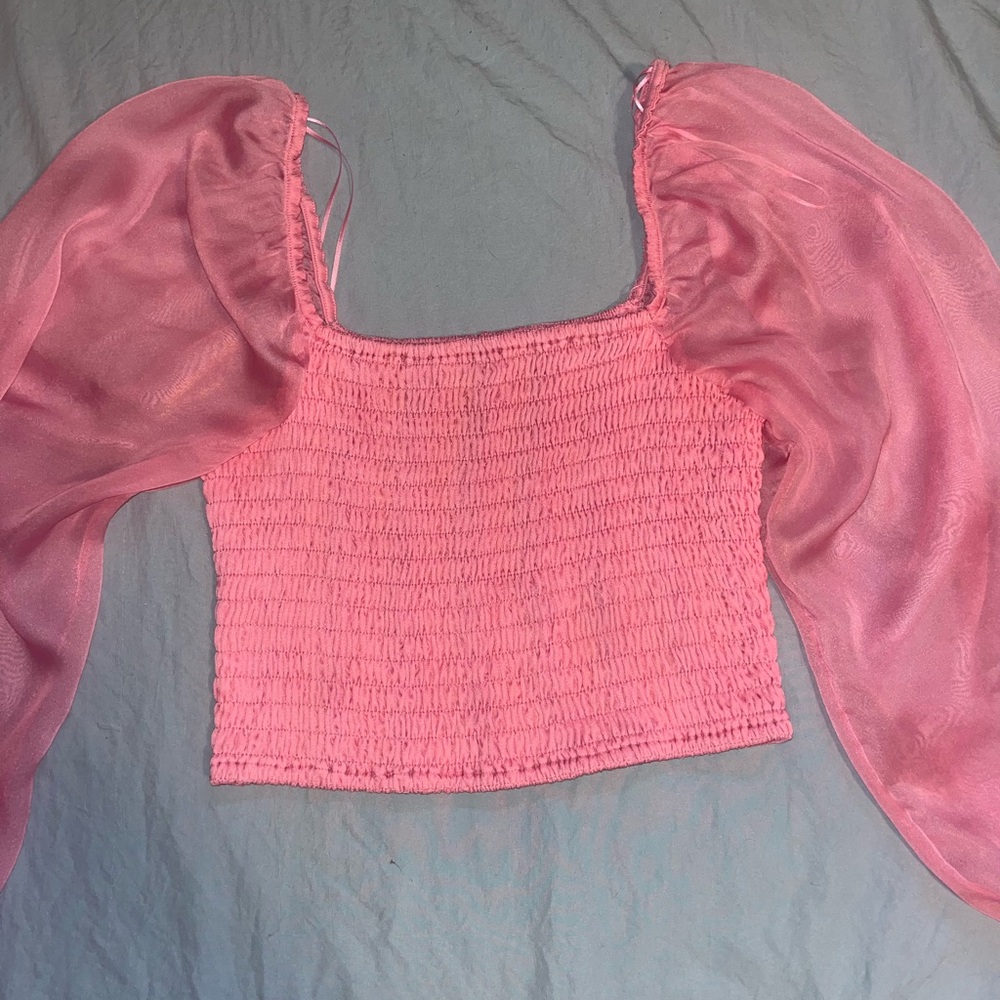 Pink Sheer Sleeve Smocked Top